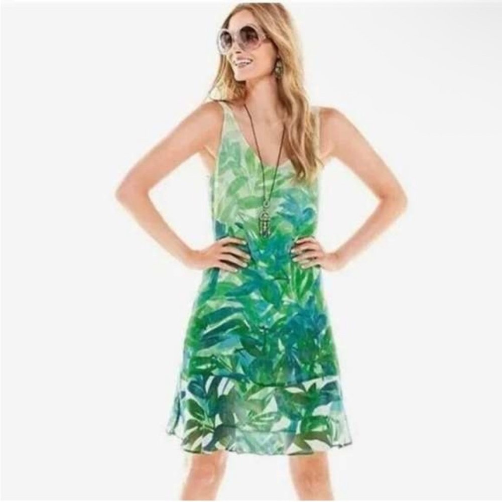 CAbi Leaf-Print Green & Teal Mini Dress
